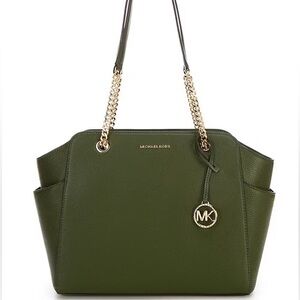 Michael Kors: Jacquelyn Medium top zip chain tote bag Smokey olive green